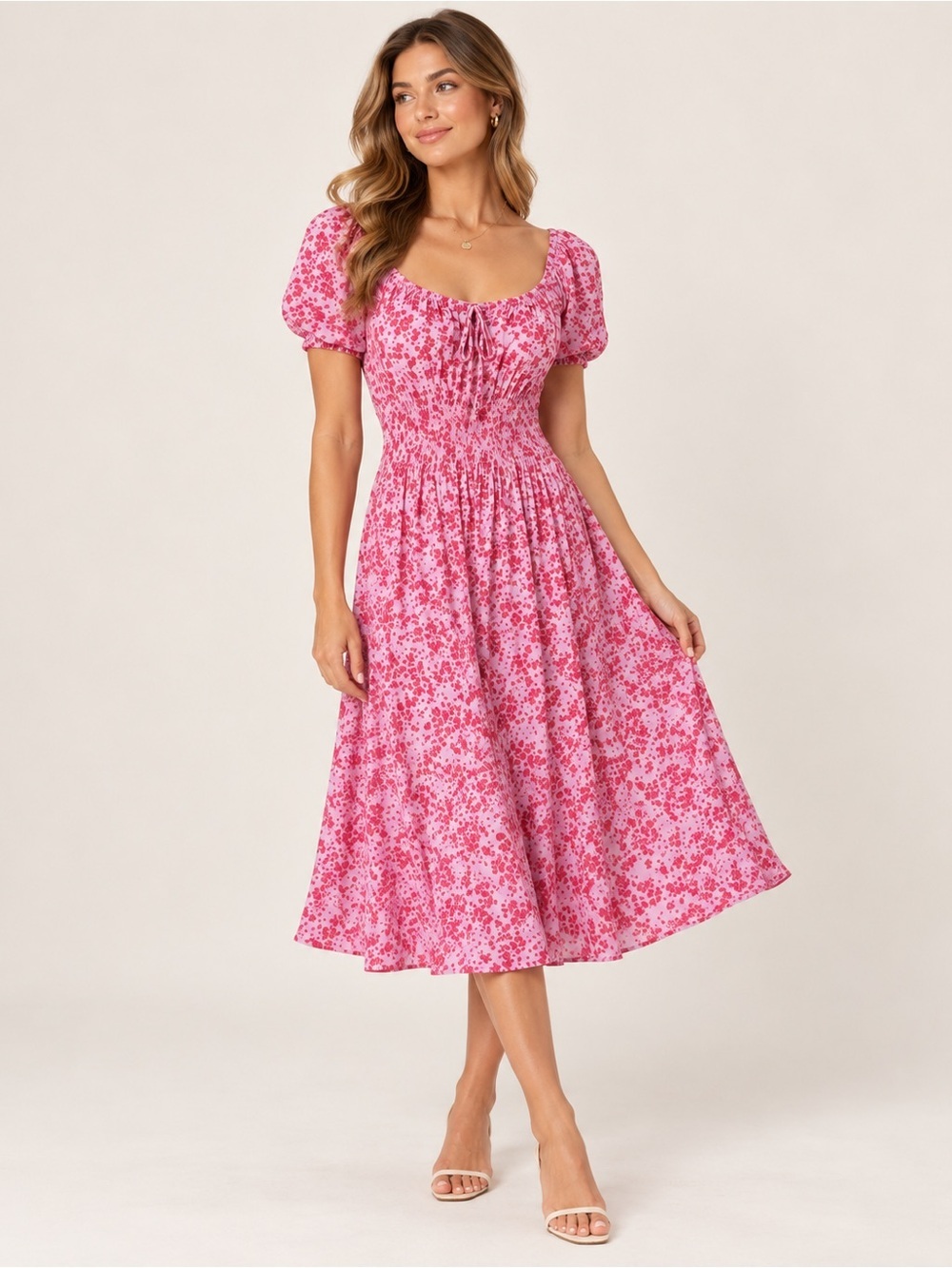 Cupcakes and Cashmere | Pink Floral Puff-Sleeve Midi Dress - Size S